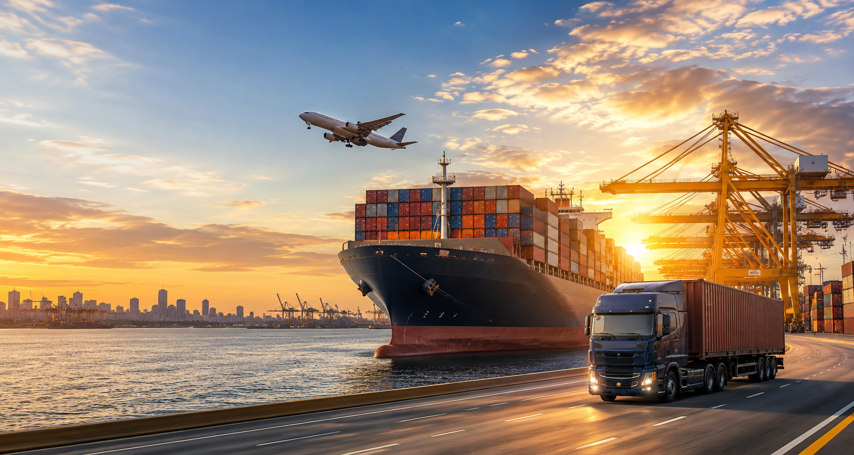 International cargo ship, aircraft, and truck at a global logistics port